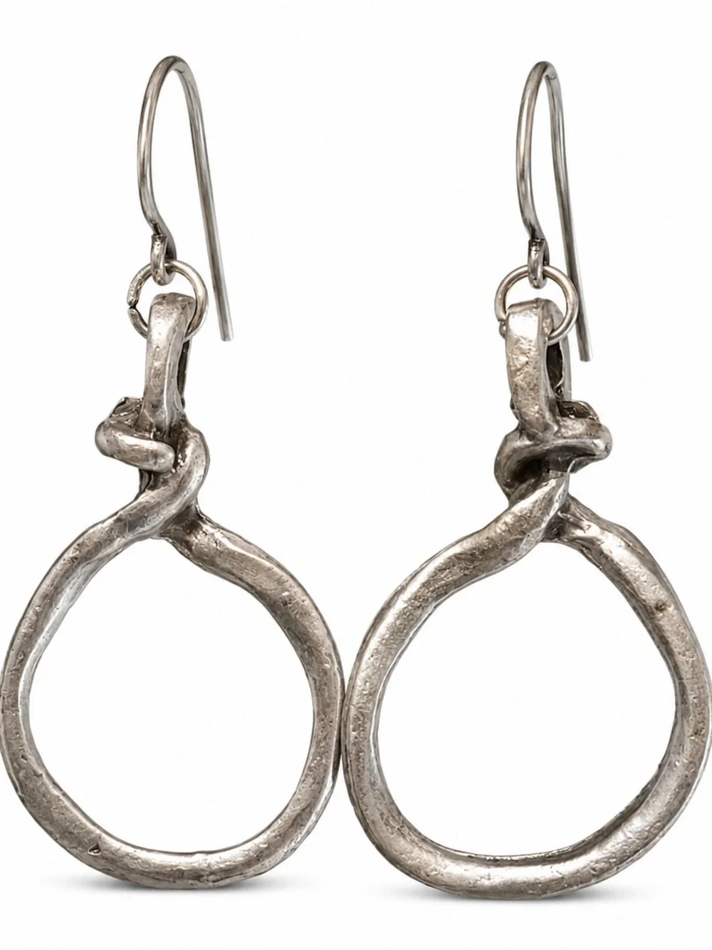 Handmade Antique Silver Tone Sculptural Open Circle Earrings